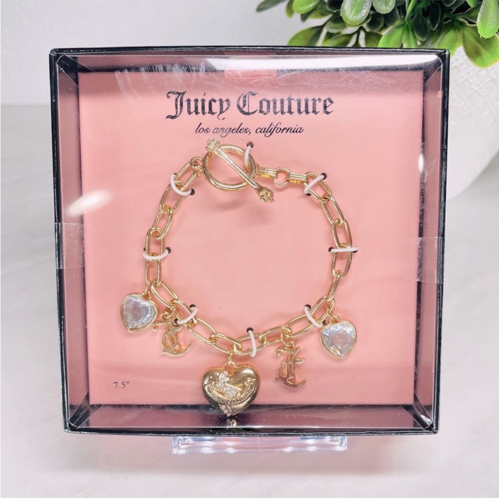 NEW Juicy Couture‎ Gold Tone Crystal Heart Logo Charm Toggle Bracelet 7.5 Inch
